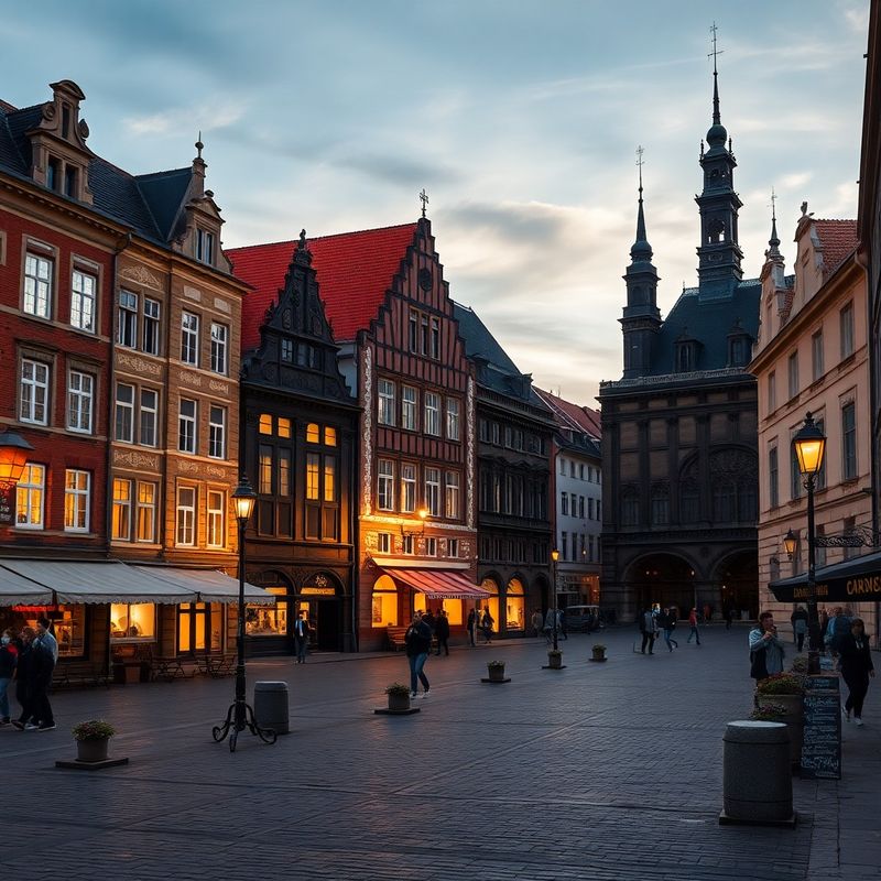 Stary Rynek w Poznaniu o zmierzchu — złociste światło na cegle
