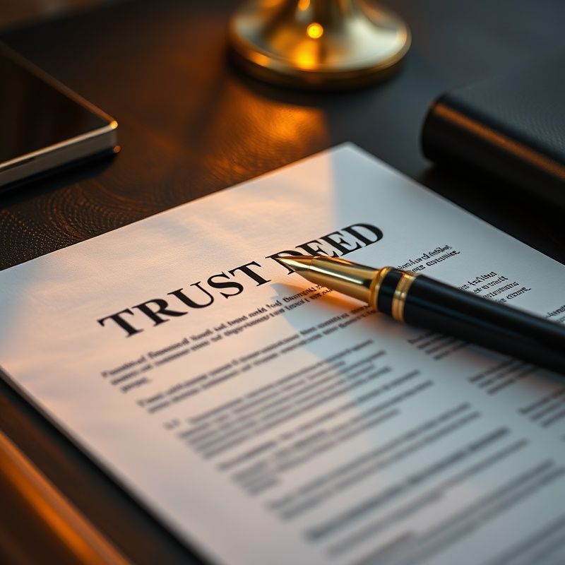 Dokument prawny i złoty pióro na ciemnym biurku — deed of trust