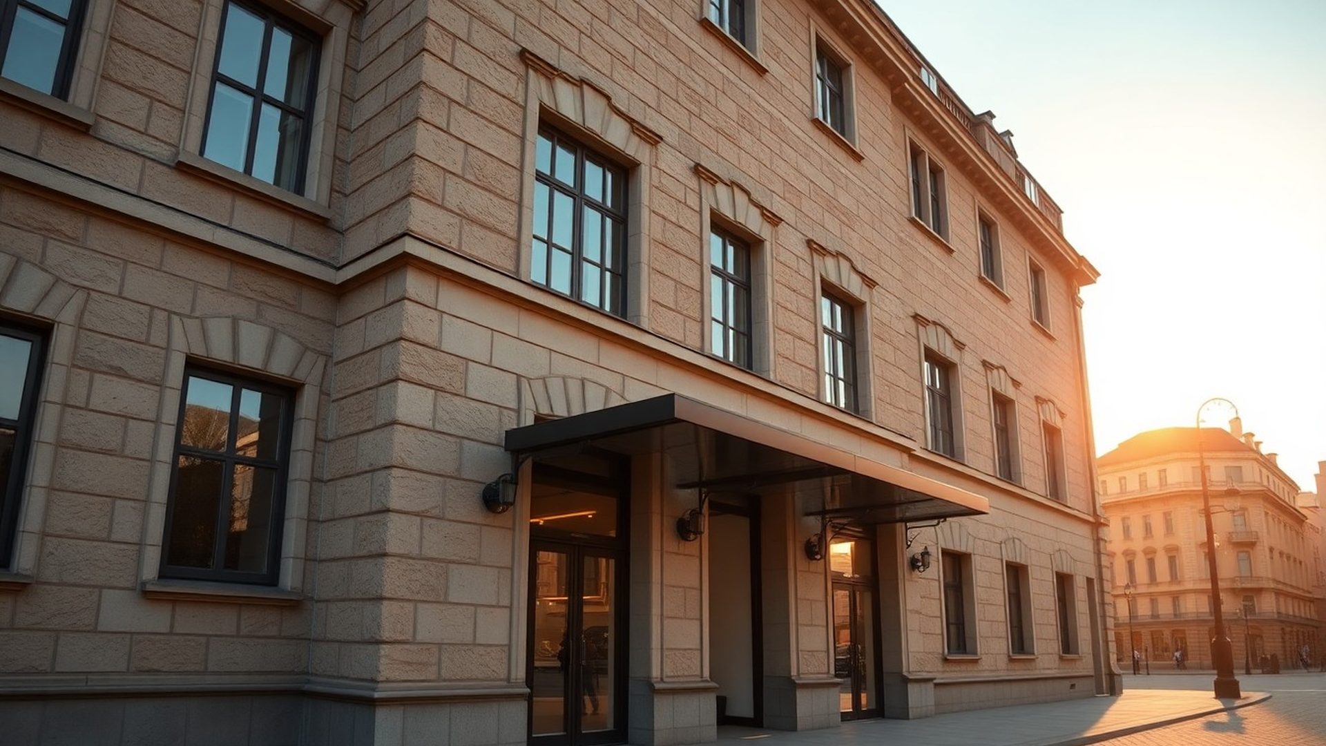 Fasada z piaskowca w centrum Poznania o złocistej godzinie — siedziba Warsztat Warszawa